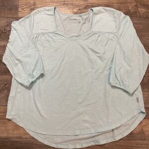 Eddie Bauer Eyelet Embroidered Trim‎ V-Neck Blouse Sz XL Mint Green Lightweight